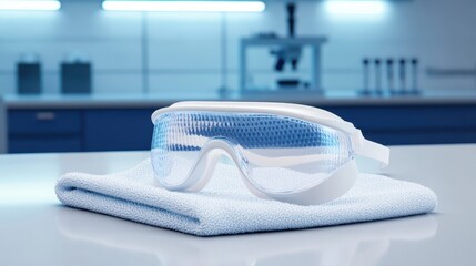 Pair of protective laboratory goggles resting on a clean white towel in a research facility environment