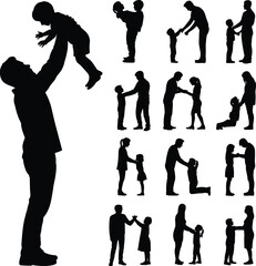 Obraz premium Collection of black silhouettes featuring parents and children playing, hugging, and holding hands isolated on white background for family concepts.