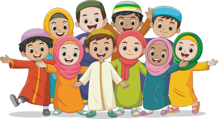 Fototapeta premium Diverse group of happy Muslim children and kids characters in traditional clothing celebrating Eid or Ramadan on a white background.