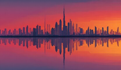 Fototapeta premium Vibrant Sunset City Skyline Reflection Resembling a Sound Wave, Featuring Iconic Skyscraper Silhouette.