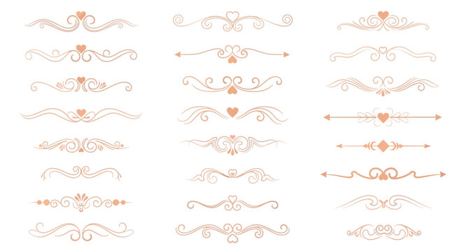 Collection of elegant rose gold antique style horizontal flourishes and decorative dividers featuring heart motifs perfect for wedding invitations or elegant design projects.