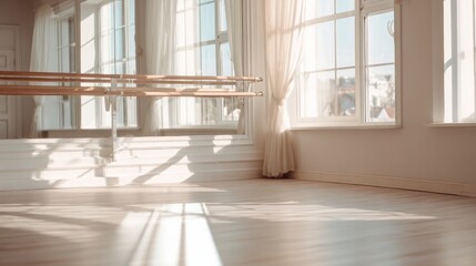 Obraz premium Bright ballet studio with wooden barre and large windows for natural light