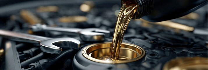 Extreme Closeup. Pouring Motor Oil for Motor Vehicles From a Black Bottle Into the Car Engine with Wrenches Nearby. Oil Change, Auto Repair Shop, Service, Automotive Maintenance Concept. Generative Ai