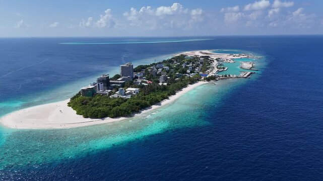 Drone Aerial View of Ukulhas Island in a Tropical Atoll Maldives