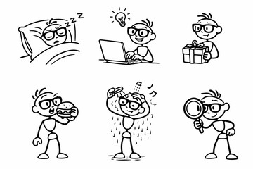 Naklejka premium Black line stickman character set showing daily routine actions: sleeping in bed, working on laptop with idea bulb, giving a gift, eating burger, taking shower, and searching with a lens.