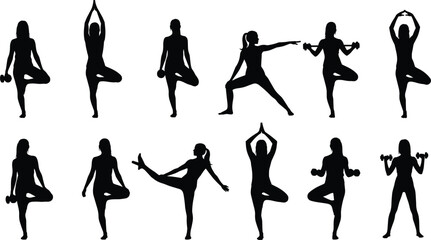 Obraz premium Black silhouettes of women in various yoga poses and exercising with dumbbells on white background exercise