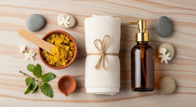 Ayurvedic Spa Elements: Ubtan, Oil, Towel, and Natural Stones