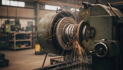 Industrial Metal Grinding Machine Creating Sparks in a Factory Workshop