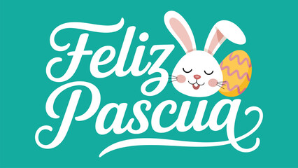 Fototapeta premium Feliz pascua easter greeting illustration with cute bunny and decorated egg on green background for spring holiday celebration design