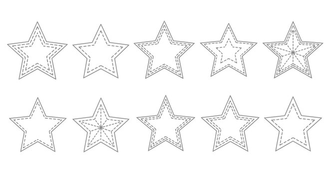 Collection of ten various black and white star outline shapes featuring different styles of dashed stitching patterns for crafting and design projects