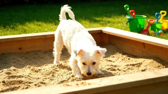 Cute white dog playing in a sandbox on a sunny day.
