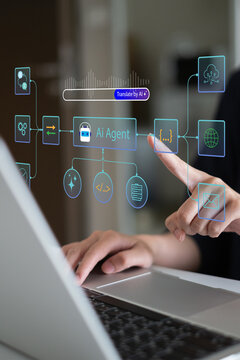 Person using AI agent workflow automation system data analysis technology innovation process algorithm deep learning node diagram personal assistant flowchart, digital online transformation concept