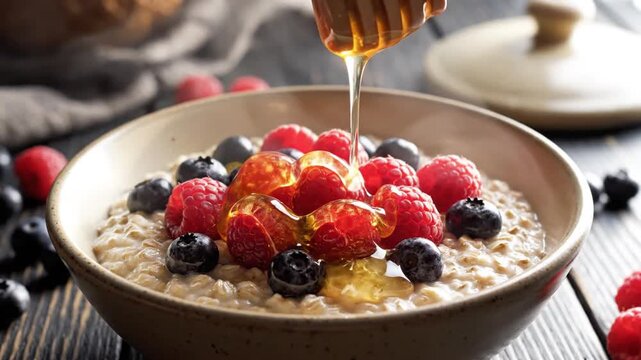 Nourishing porcelain bowl of organic rolled oats porridge topped with vibrant summer berries and a golden drizzle of pure honey for a healthy morning breakfast meal