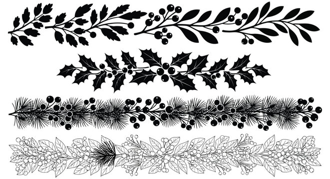 Collection of four decorative borders featuring stylized botanical elements like holly pine branches and various berries perfect for festive seasonal design projects