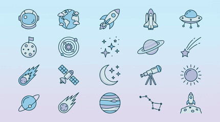 Colorful Space and Astronomy Icons Set on Gradient Background © StockStudio