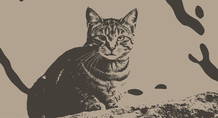 Tabby Cat Sitting on Rock Sepia © Muhammad