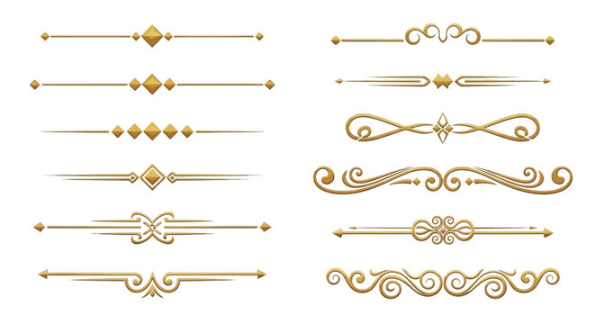 Collection of elegant golden antique horizontal divider lines and decorative separators featuring baroque swirls and diamond shapes for formal graphic design projects