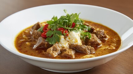 Hearty Hungarian goulash soup with beef, paprika and fresh herbs in bowl