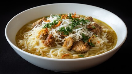 Savory noodle soup with meat and fresh garnishes served in white bowl