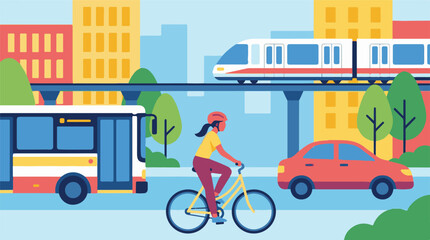 Urban transportation hub with train, bus, car, and cyclist in city © StockStudio