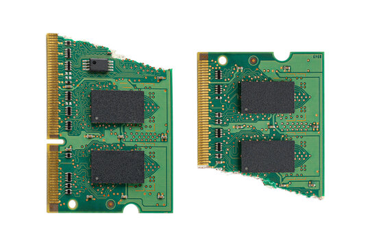 Broken computer RAM memory module on white background. Memory deficit and data shortage concepts symbolizing the global tech supply crisis	
