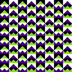 Seamless geometric pattern with zigzag shapes forming peripheral drift optical illusion. Abstract repeating design with dynamic visual motion and high contrast colors.