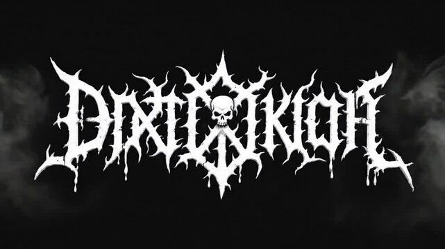Symmetrical unreadable death metal band logo design with sharp white intricate graphic lines on a solid black background, dark extreme underground music subculture aesthetic art wallpaper.