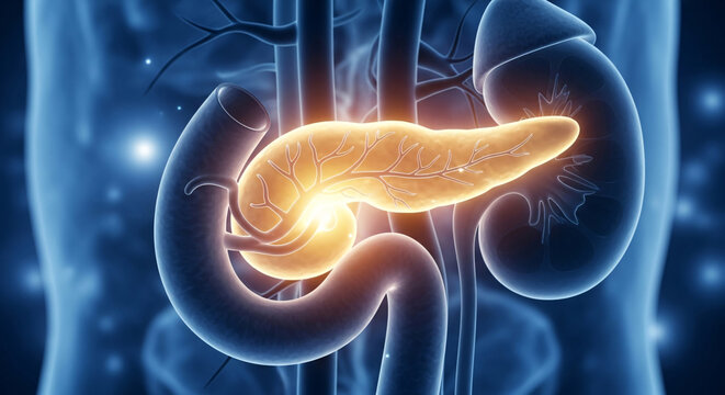 Anatomical illustration of human pancreas glowing with surrounding abdominal organs in translucent body