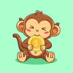 Obraz premium Cute Monkey Bite a Gold Coin Vector Illustration Cartoon Design Kawaii