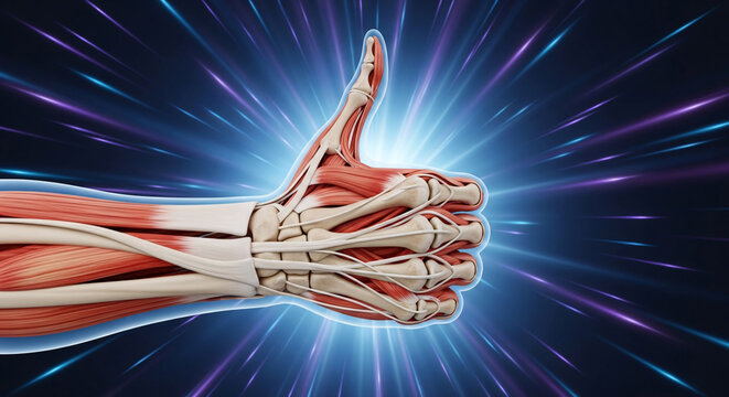 Anatomical rendering of a human hand showing bones muscles and tendons in a thumbs up gesture