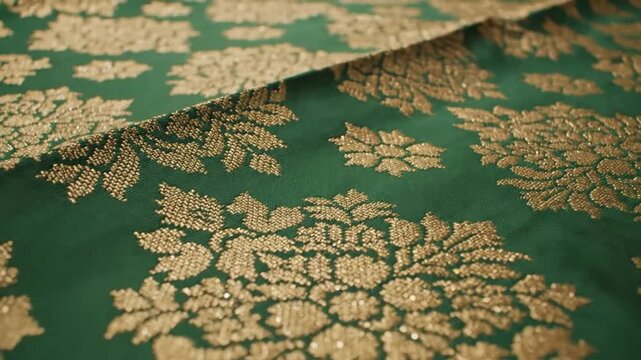 Exquisite Traditional Malay Handwoven Green Songket Textile Pattern Featuring Intricate Gold Thread Embroidery on Decorative Ethnic Fabric Background from Malaysia Culture Heritage Ornament