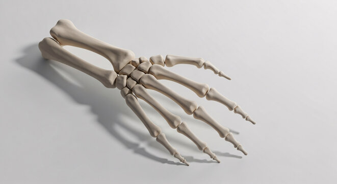 Anatomical rendering of human hand bones showcasing carpals, metacarpals, and phalanges with a subtle shadow