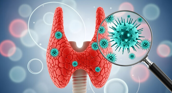 Anatomical representation of a thyroid gland with viral particles, closely inspected using a magnifying optical tool