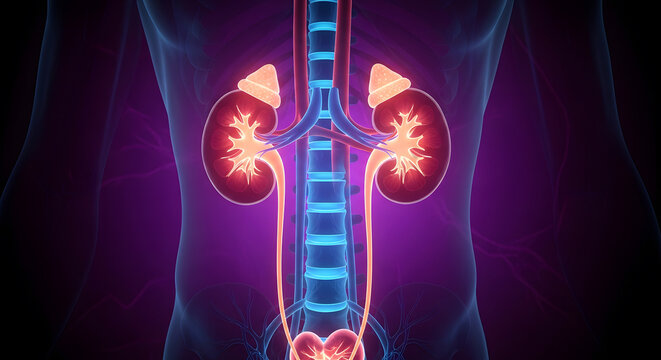 Anatomical representation of human kidneys and urinary tract highlighting the essential excretory system