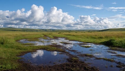Obraz premium Vast Wetland Landscape - Reflective Puddles Mirroring Dramatic Cloudy Sky.