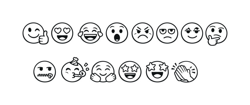 Collection of hand-drawn emoji faces expressing various emotions and actions in a simple line art style