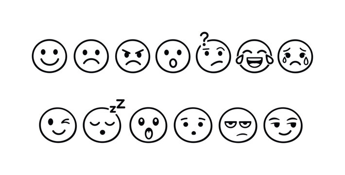Collection of simple line art emoji faces showing various emotions and expressions
