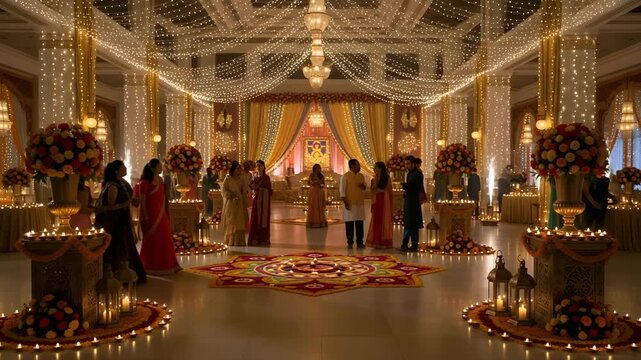 Indian Wedding Ceremony With Decorative Lighting And Guests Celebrating Traditional Rituals 4K Ai HD high quality video.
