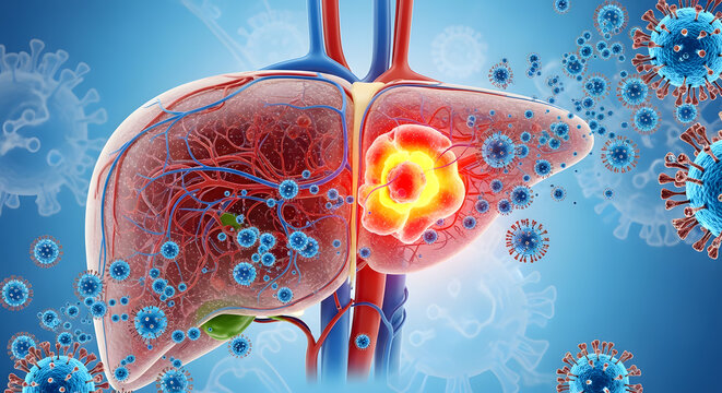 Anatomical representation of the liver experiencing disease, with a prominent tumor and circulating viruses