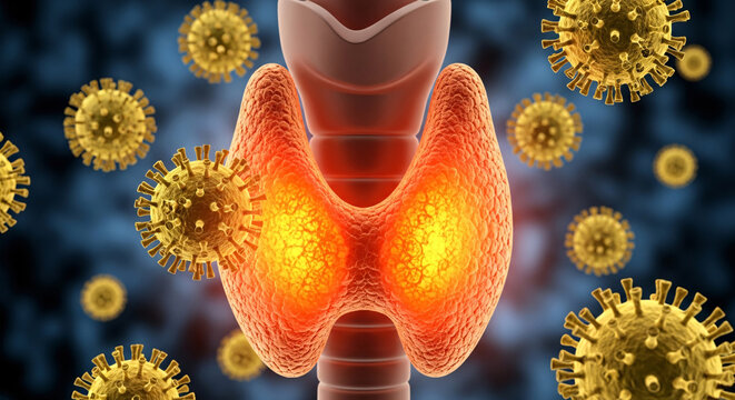Anatomical representation of the thyroid gland surrounded by virus particles, symbolizing infection or disease
