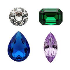 Fototapeta premium Sparkling loose gemstones: a brilliant round diamond, a deep green emerald cut, a vibrant sapphire pear shape, and a faceted amethyst marquise cut