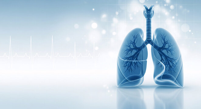 Anatomical view of transparent human lungs with detailed bronchial tree on a medical background