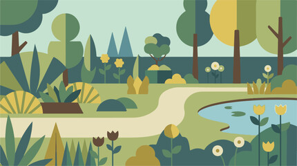 Minimalist flat design landscape park with pond and winding path © StockStudio
