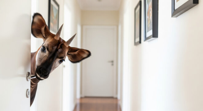 Okapi (Okapia johnstoni) peeking from doorway in bright home hallway with wooden floor. Unusual Okapi animal emerges from behind white door, showcasing its unique striped legs and large ears.