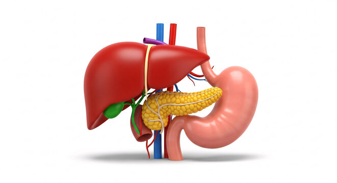 Anatomical visualization of key human upper digestive organs including the liver, stomach, and pancreas system