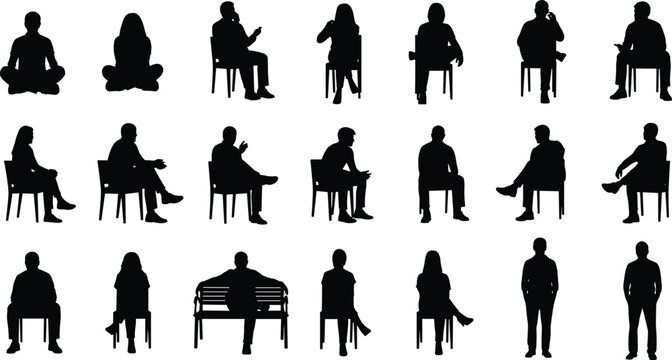 People sitting silhouettes set, men and women seated poses, black human figures collection isolated on white background vector illustration design