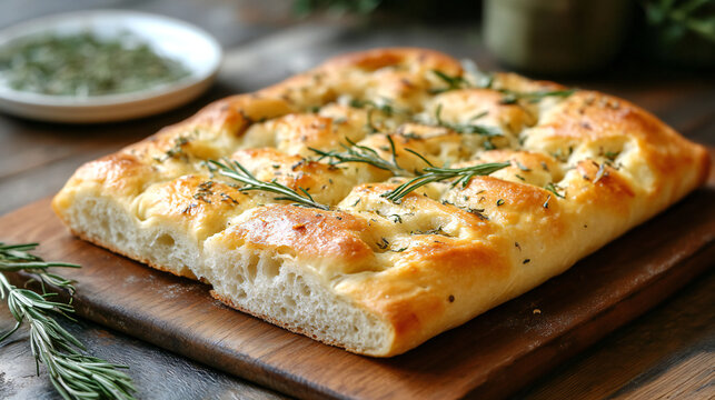 Delicious freshly baked rosemary garlic flatbread with melted cheese served on wooden board