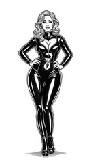  A curvy woman in a tight black latex catsuit, rendered in a black and white sketch engraving style, stands confidently.