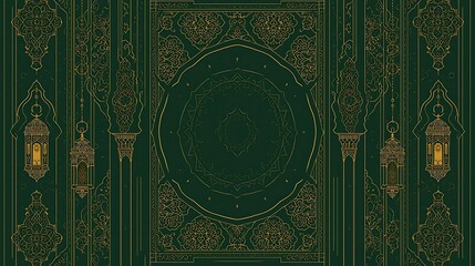 Ramadan Islamic Line Art Backdrop with Arches and Arabesque Pattern in Green and Gold