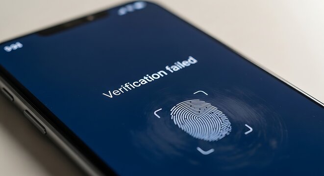 A smartphone screen displays a failed fingerprint verification message on a dark blue background
